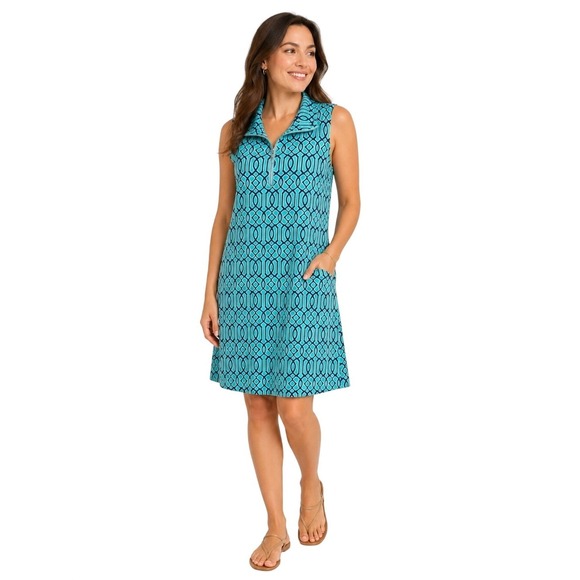 Anthony Dresses & Skirts - Anthony's Resortwear Women XL Teal Navy Geometric Quart Zip Travel Shift Dress
